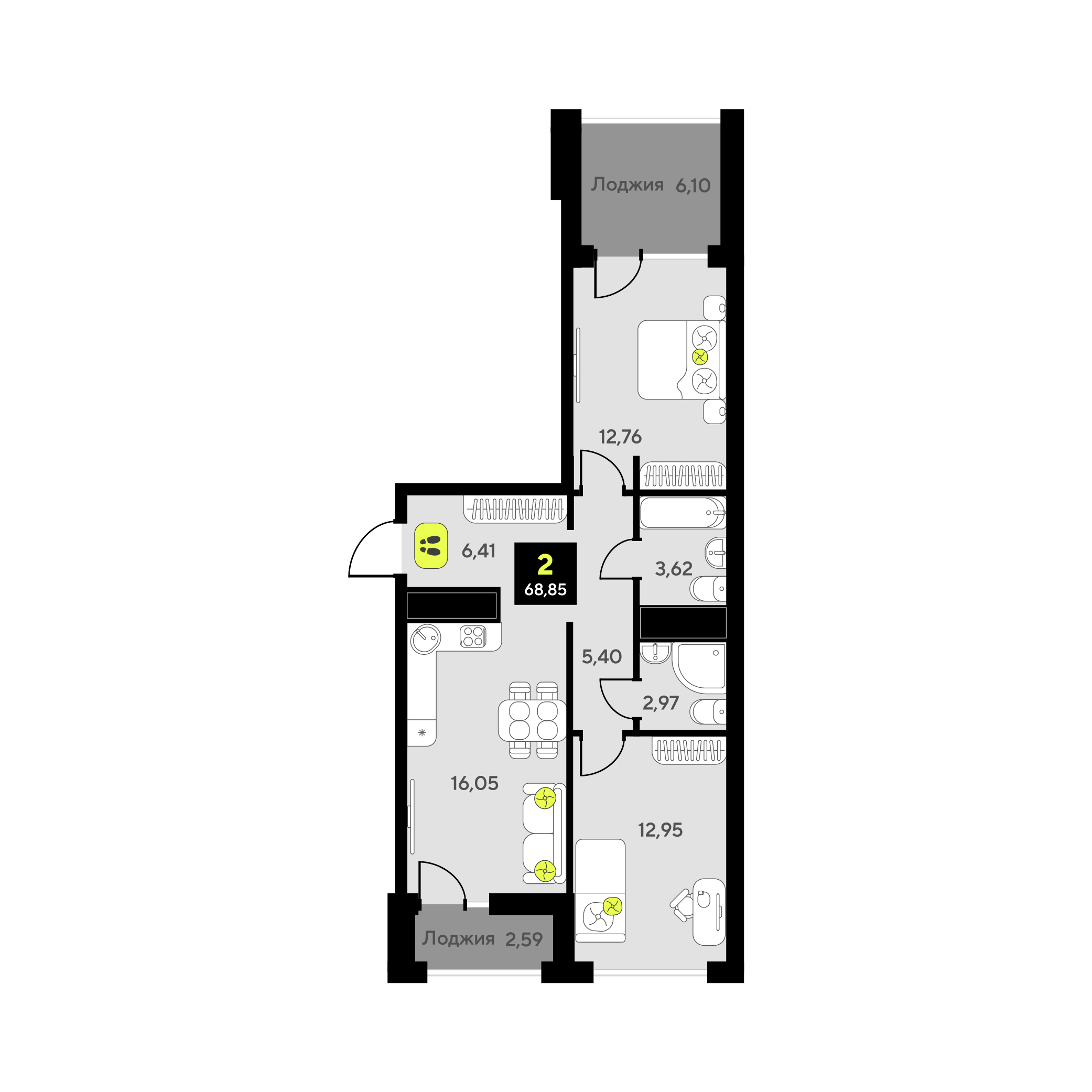 Планировка: Евротрешка 68.8 м² в ЖК Мотивы, От Плеханова до Южного