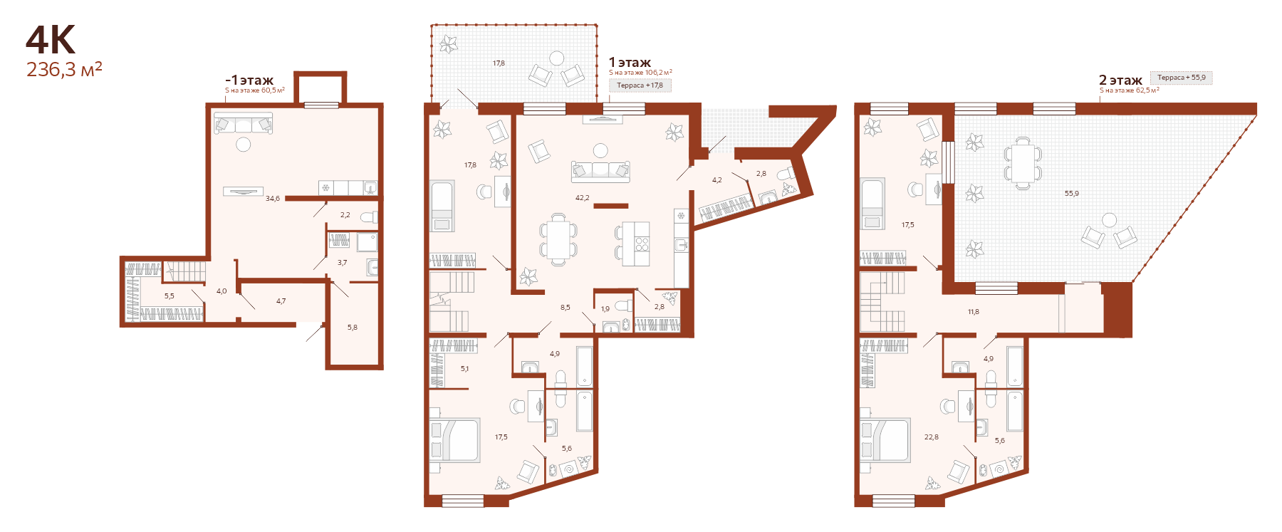 Планировка: 5-комнатная евро 236.3 м² в ЖК Новатор, Центр: КПД