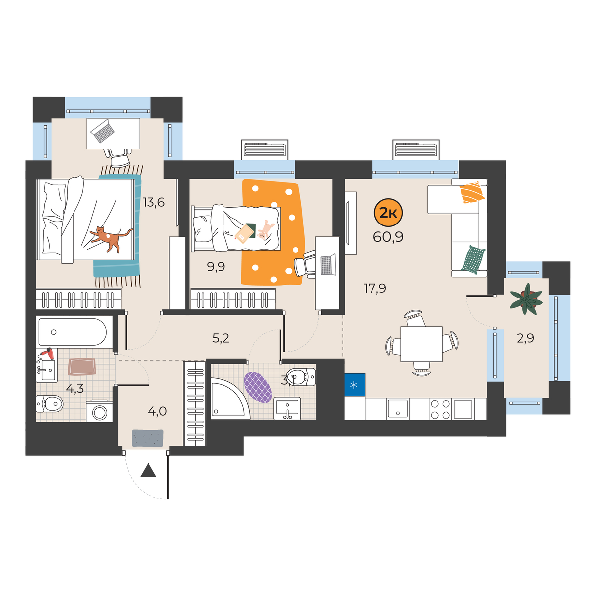 Планировка: Евротрешка 58.9 м² в ЖК Корней, Южный