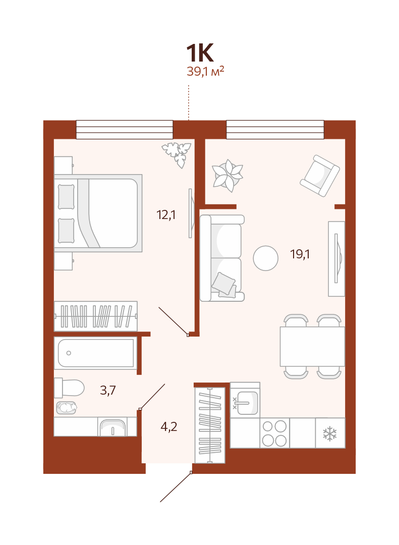 Планировка: Евродвушка 39.1 м² в ЖК Новатор, Центр: КПД