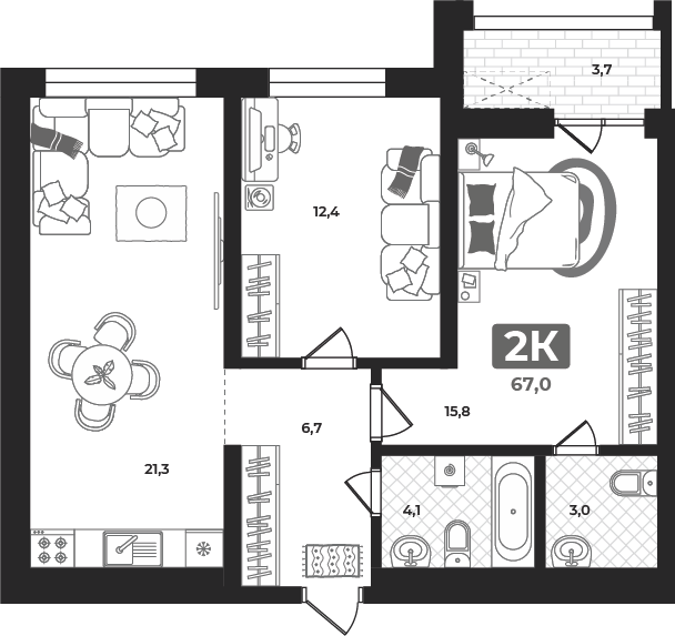 Планировка: Евротрешка 67.2 м² в ЖК Маэстро, 5-й Заречный