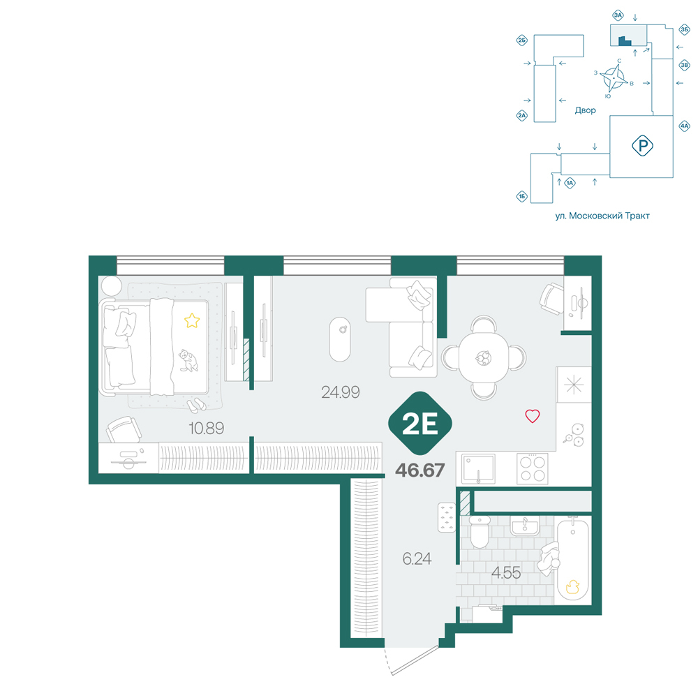 Планировка: Евродвушка 46.7 м² в ЖК Сибирский, Московский тракт