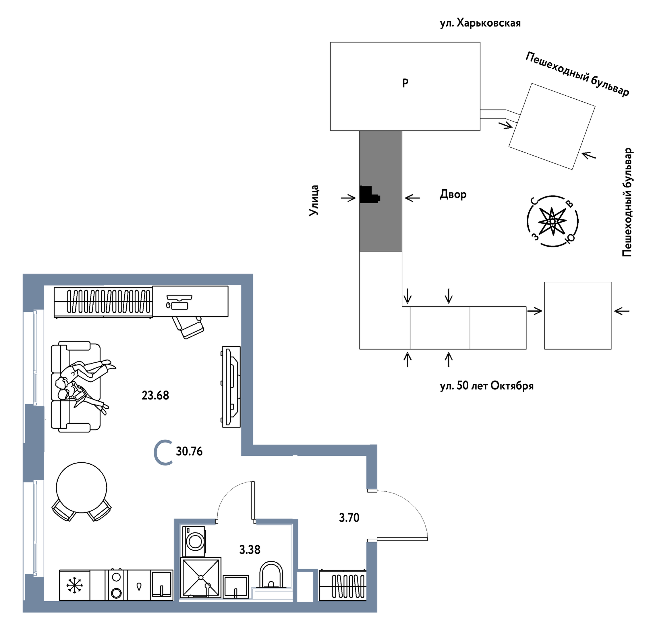 Планировка: Студия 30.8 м² в ЖК Сердце Сибири, Центр: КПД