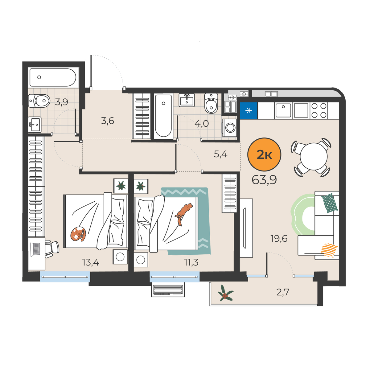 Планировка: Евротрешка 63.8 м² в ЖК Корней, Южный