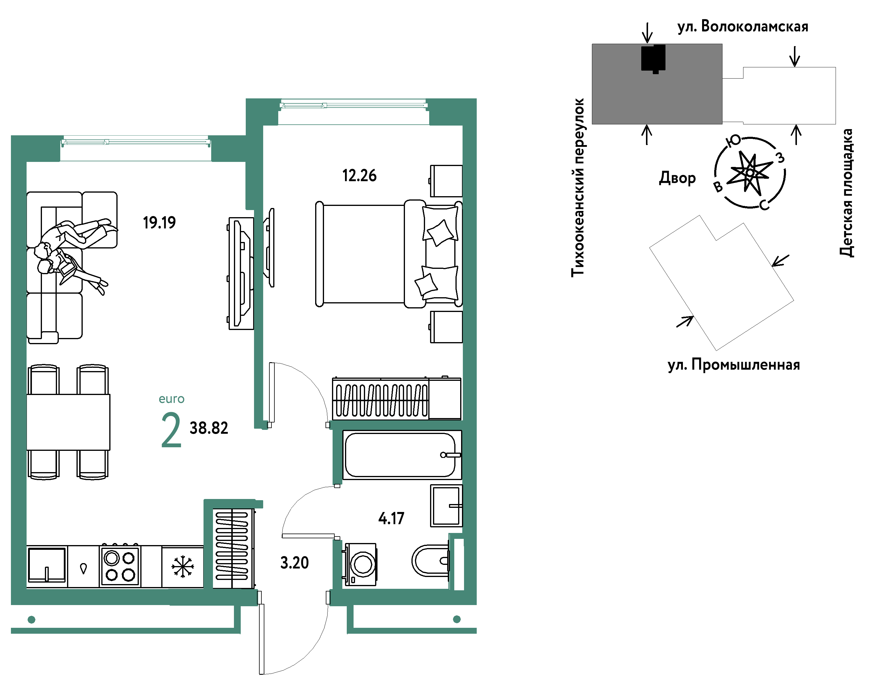 Планировка: Евродвушка 38.8 м² в ЖК Страна. Прибрежная, Центр: Студгородок