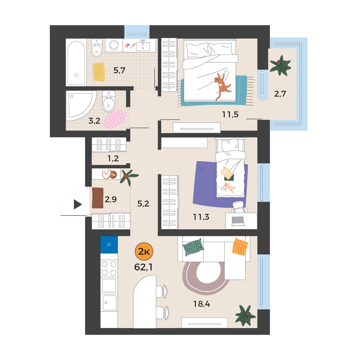 Планировка: Евротрешка 60.2 м² в ЖК Корней, Южный