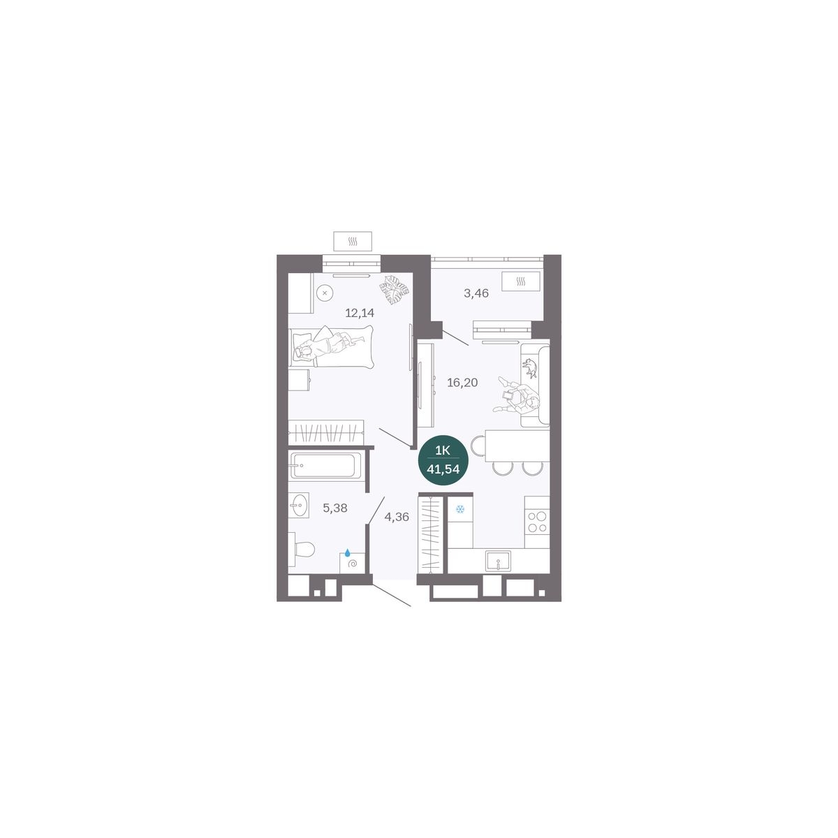 Планировка: Евродвушка 41.5 м² в ЖК Румянский, Центр: Студгородок