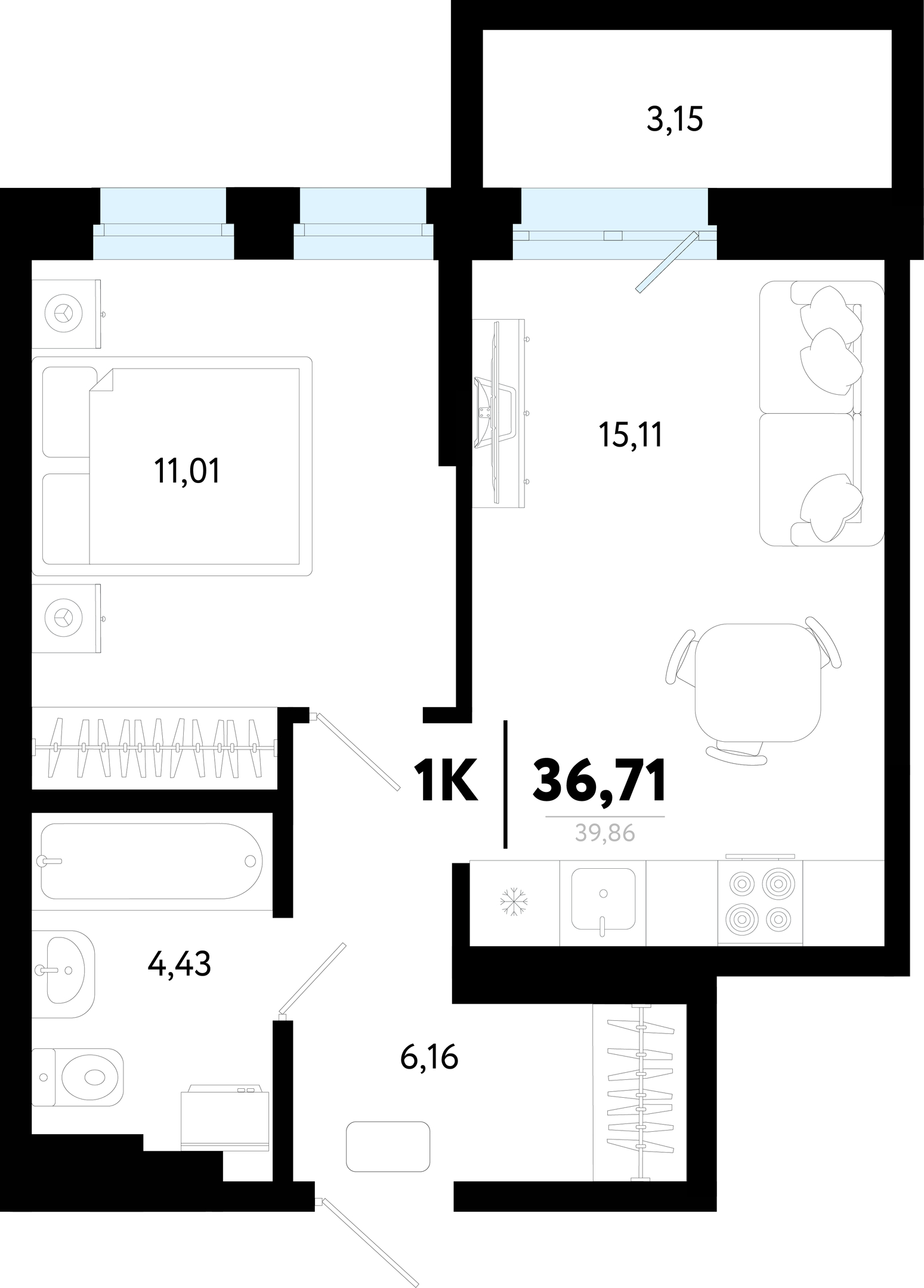Планировка: Евродвушка 36.7 м² в ЖК Символ, Комарово Парк