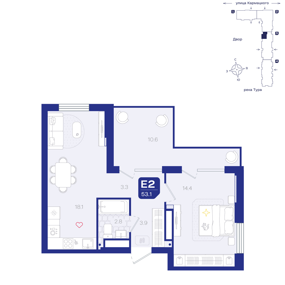 Планировка: Евродвушка 53.1 м² в ЖК Космо, 5-й Заречный