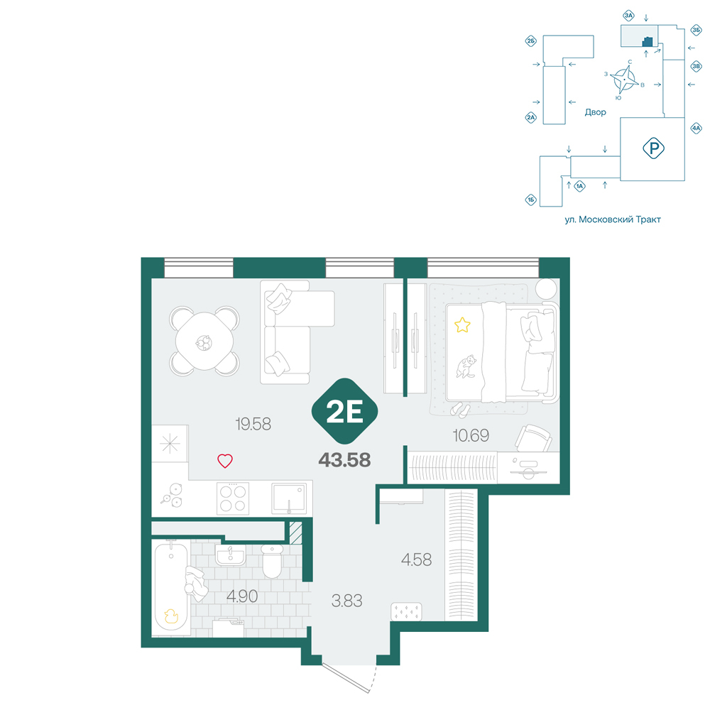 Планировка: Евродвушка 43.6 м² в ЖК Сибирский, Московский тракт
