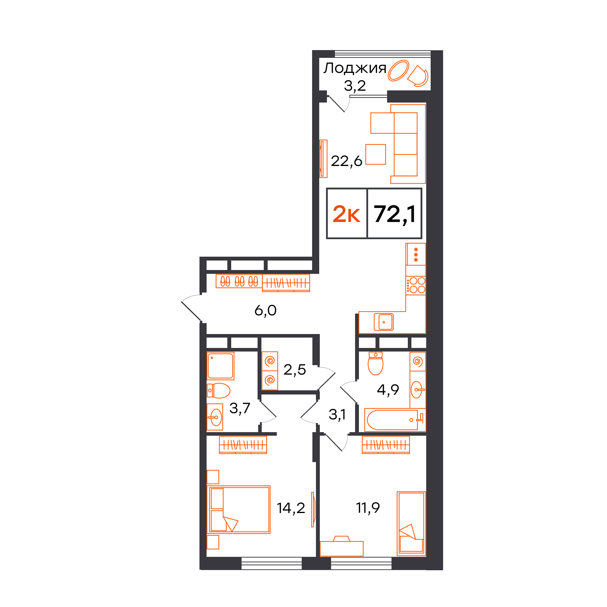 Планировка: Евротрешка 72.1 м² в ЖК Чемпионский, Чемпионский