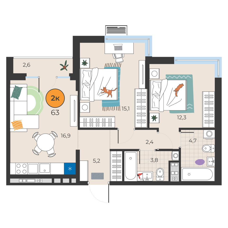 Планировка: Евротрешка 60.4 м² в ЖК Корней, Южный