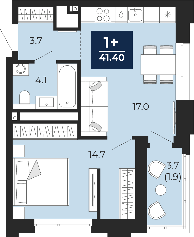 Планировка: Евродвушка 39.5 м² в ЖК Мириады, Мыс