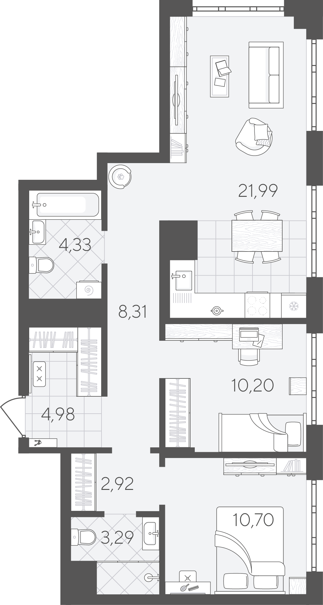 Планировка: Евротрешка 66.7 м² в ЖК Скандиа. Квартал в Слободе, Тюменская слобода