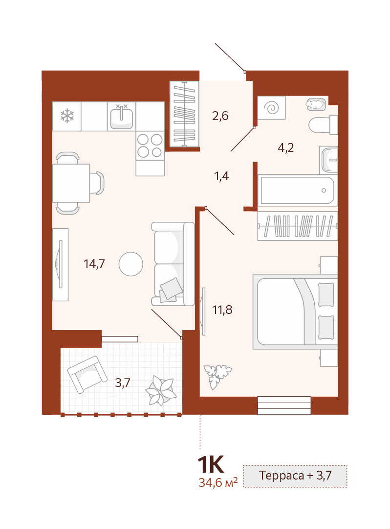 Планировка: Евродвушка 34.6 м² в ЖК Новатор, Центр: КПД