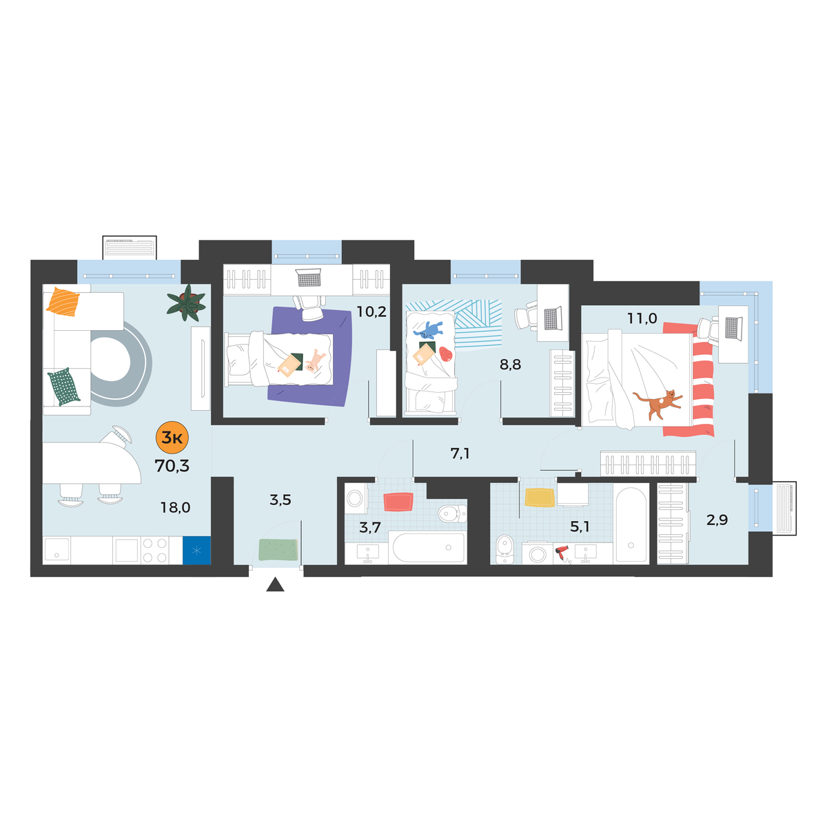 Планировка: 4-комнатная евро 70.3 м² в ЖК Корней, Южный