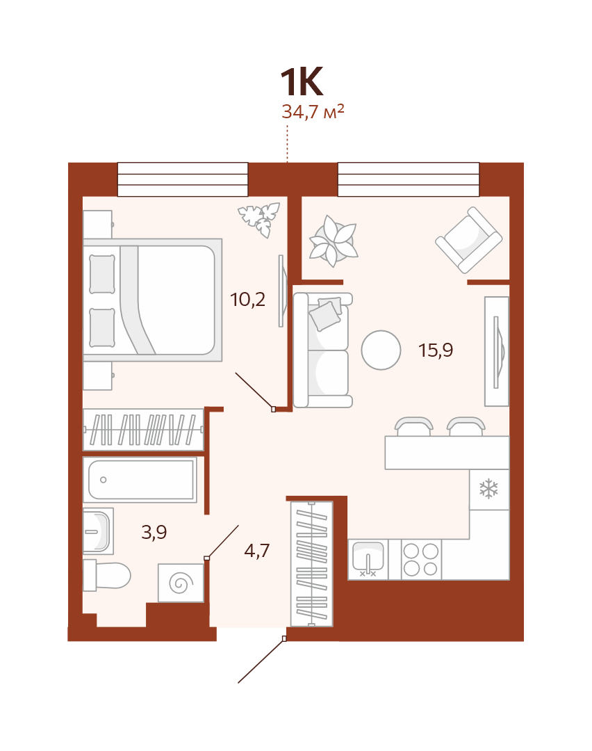 Планировка: Евродвушка 34.7 м² в ЖК Новатор, Центр: КПД