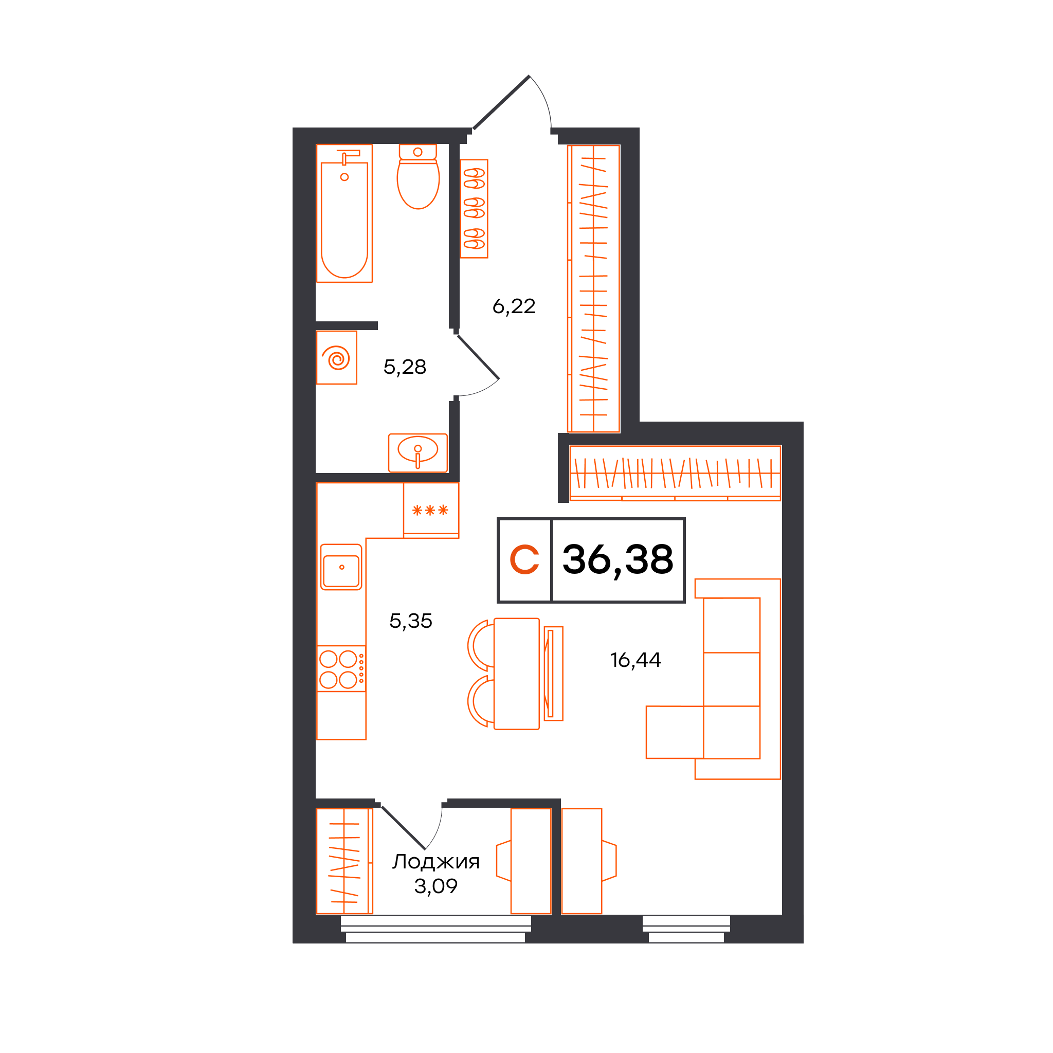 Планировка: Студия 36.4 м² в ЖК Отличие, Комарово Парк