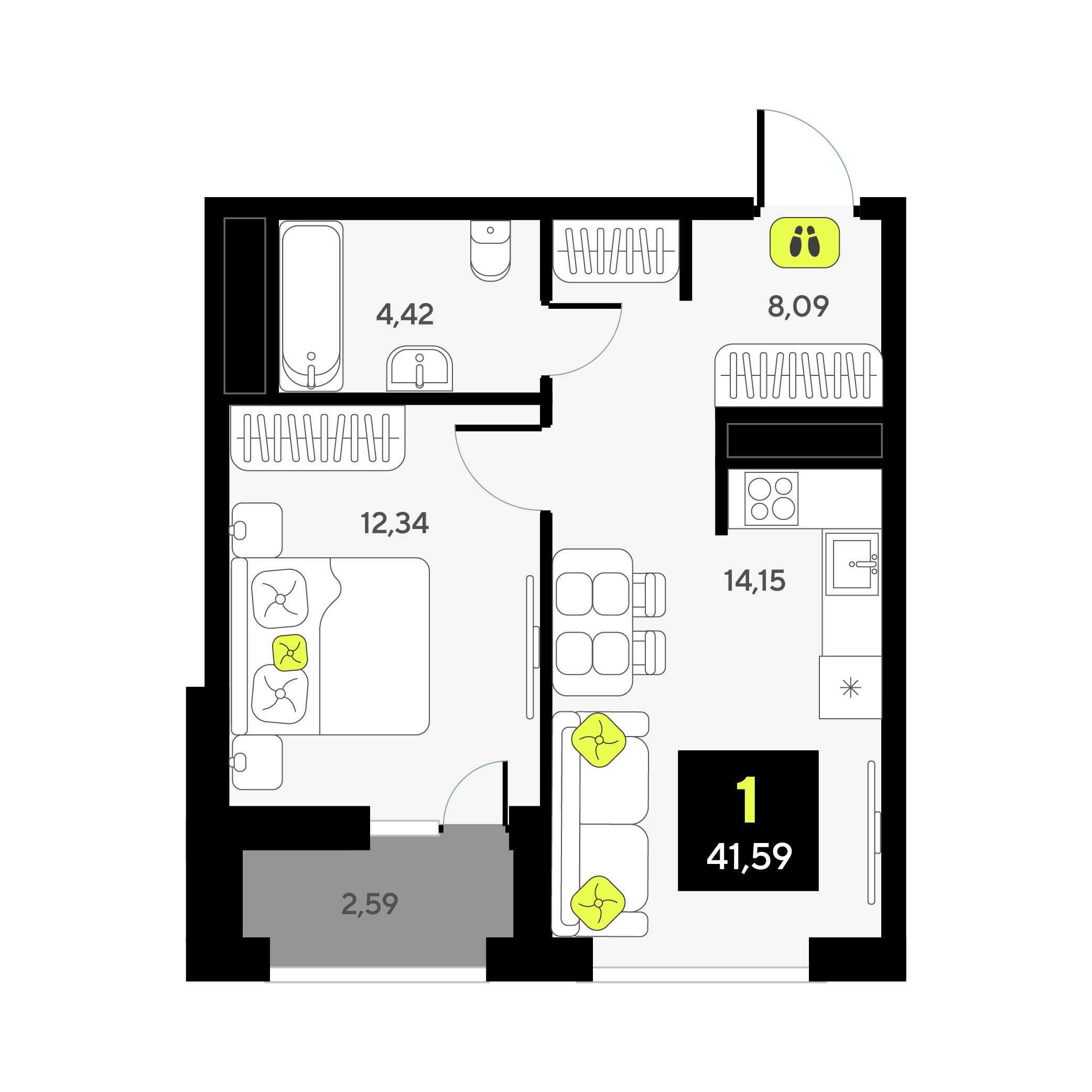 Планировка: Евродвушка 41.6 м² в ЖК Мотивы, От Плеханова до Южного