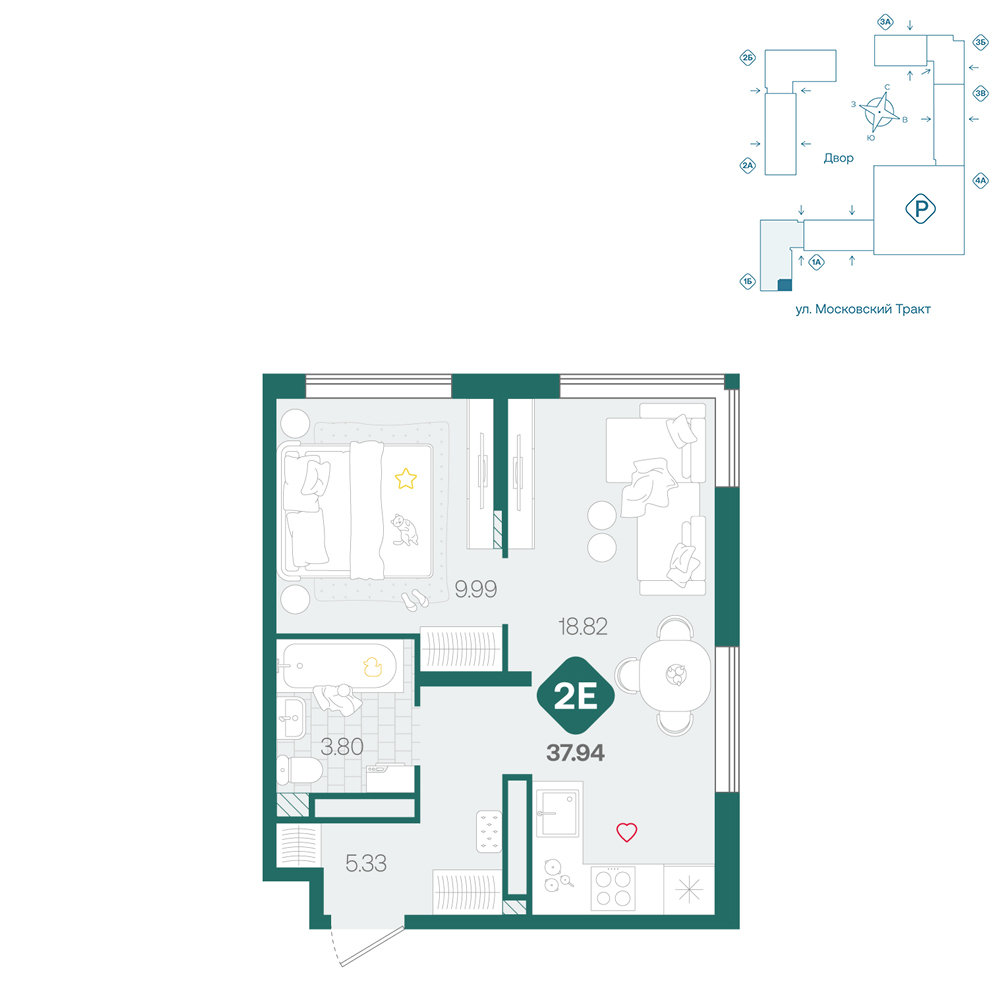 Планировка: Евродвушка 37.9 м² в ЖК Сибирский, Московский тракт
