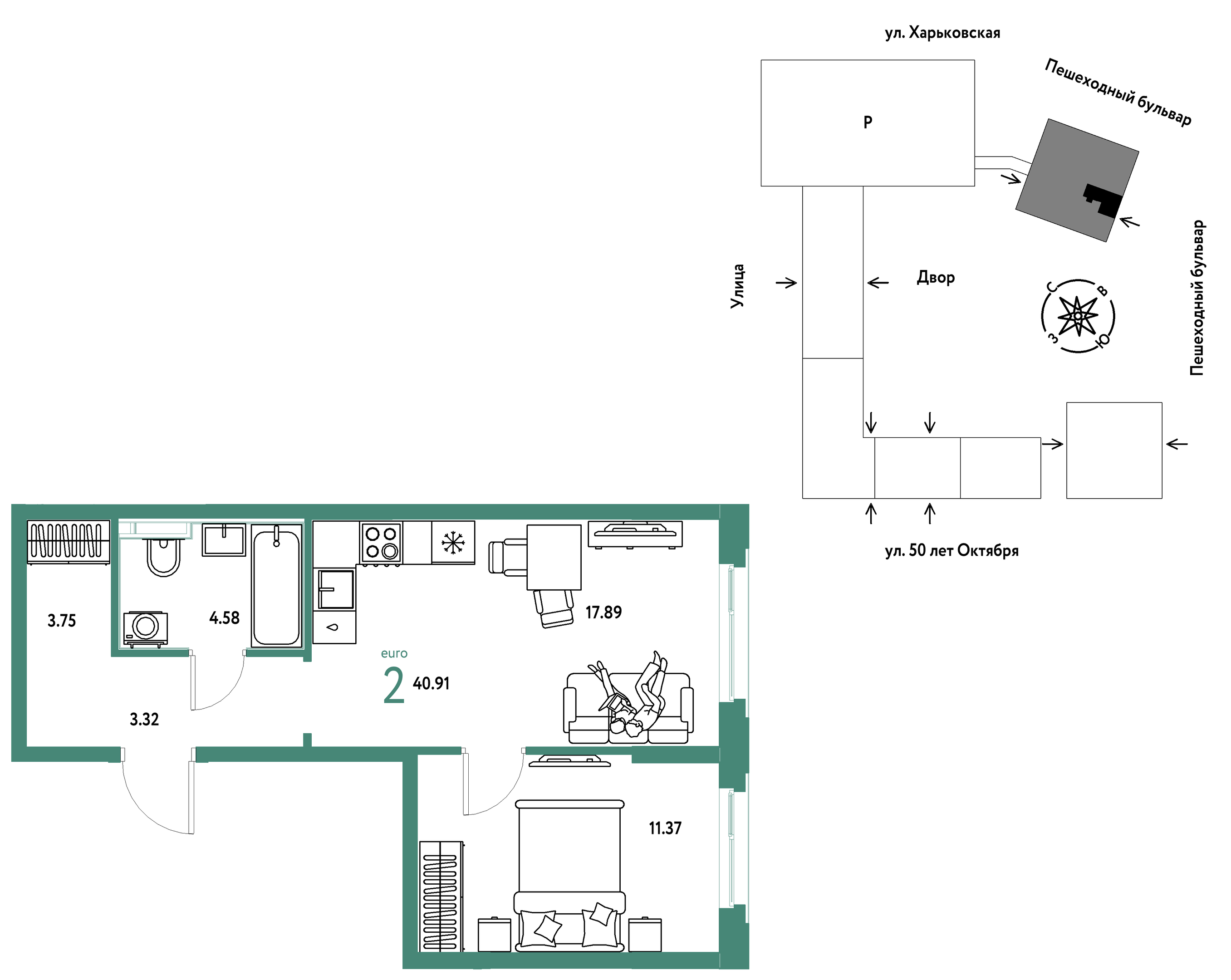 Планировка: Евродвушка 40.9 м² в ЖК Сердце Сибири, Центр: КПД