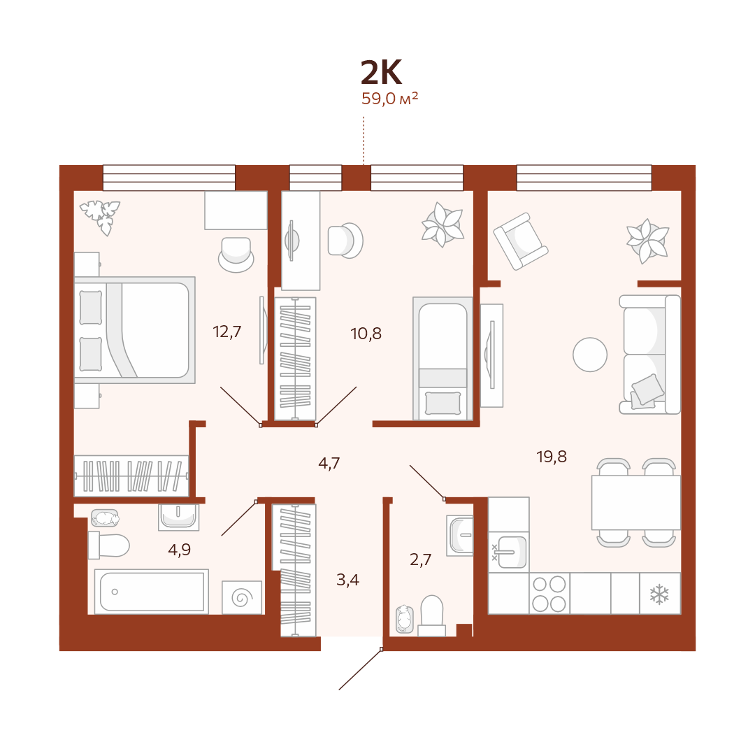 Планировка: Евротрешка 59 м² в ЖК Новатор, Центр: КПД