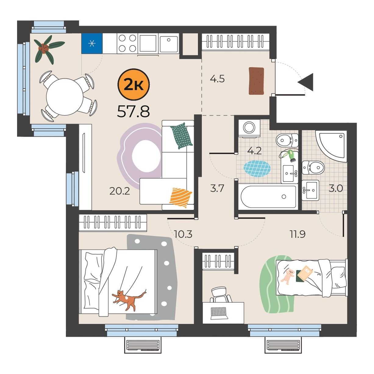 Планировка: Евротрешка 57.8 м² в ЖК Корней, Южный