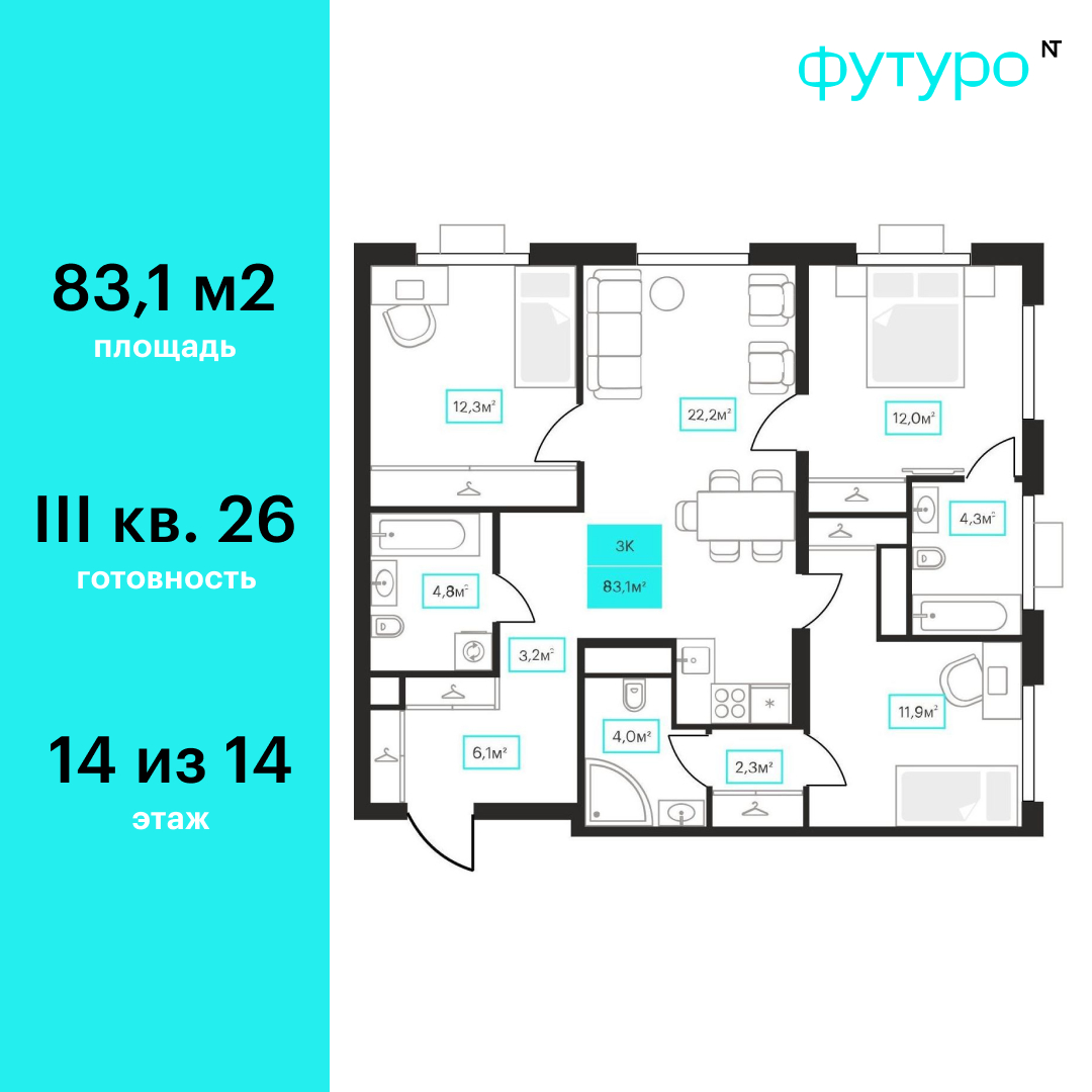 Планировка: 4-комнатная евро 83.1 м² в ЖК Futuro, Червишевский тракт