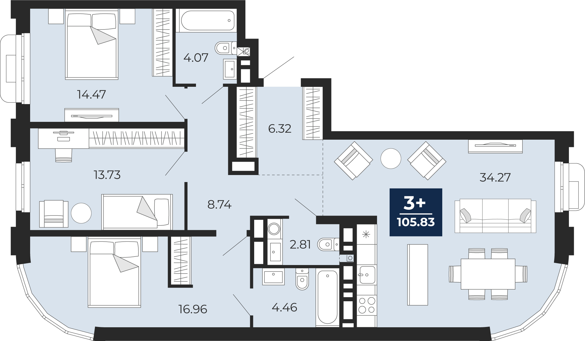 Планировка: 4-комнатная евро 105.8 м² в ЖК Айвазовский, 5-й Заречный