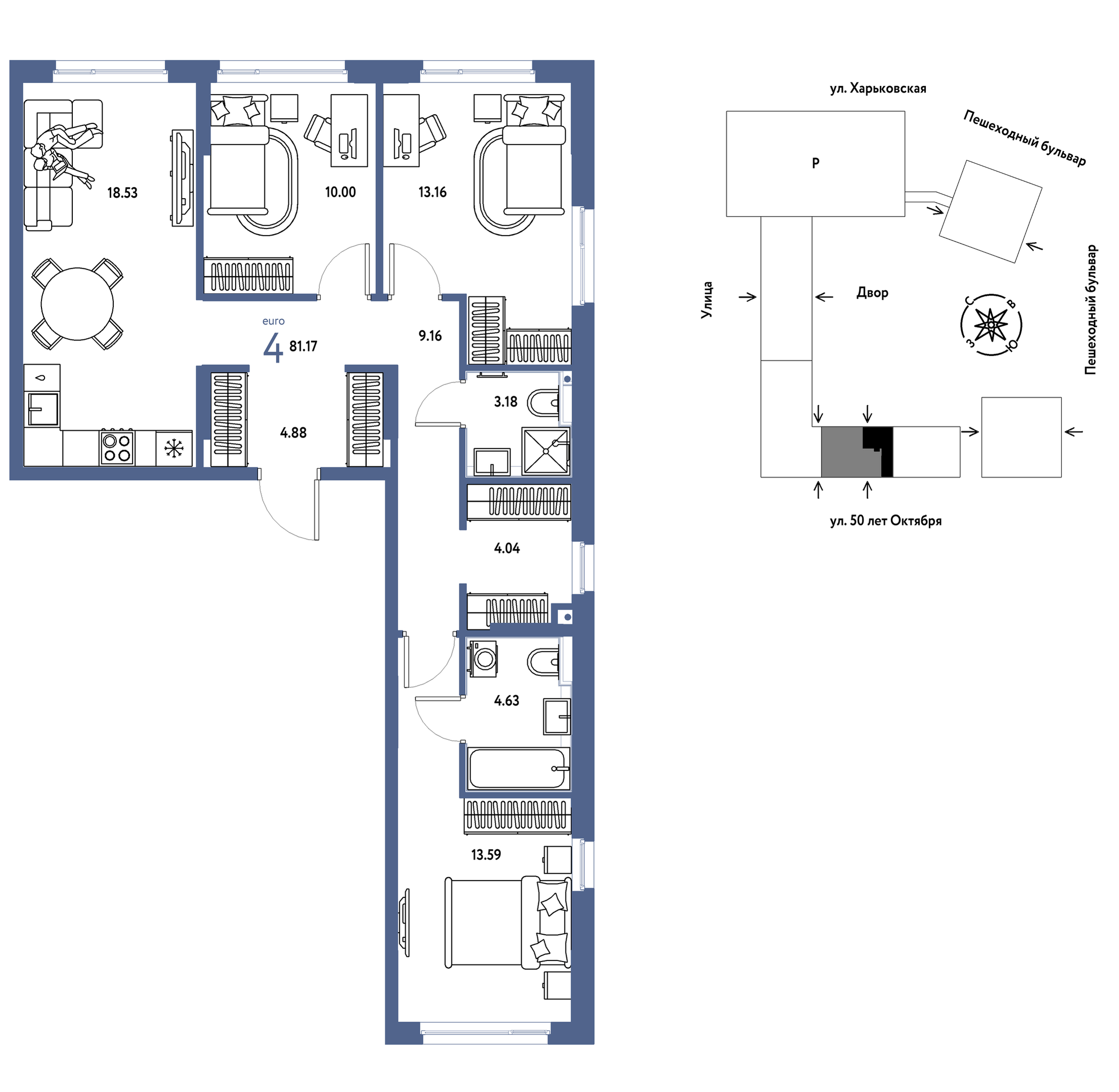 Планировка: 4-комнатная евро 81.2 м² в ЖК Сердце Сибири, Центр: КПД