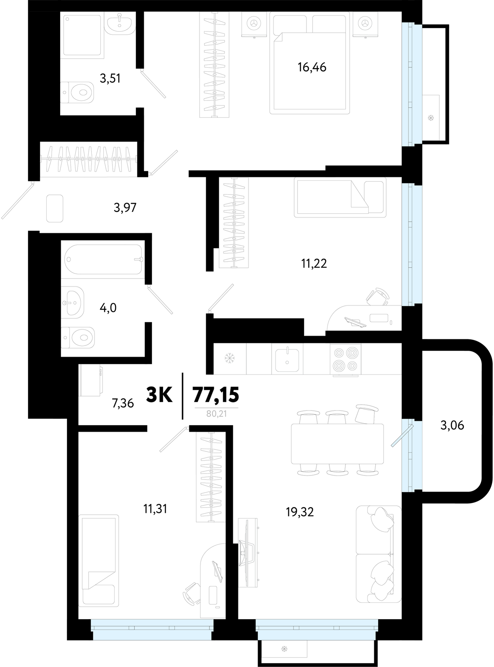 Планировка: 4-комнатная евро 77.2 м² в ЖК Символ, Комарово Парк
