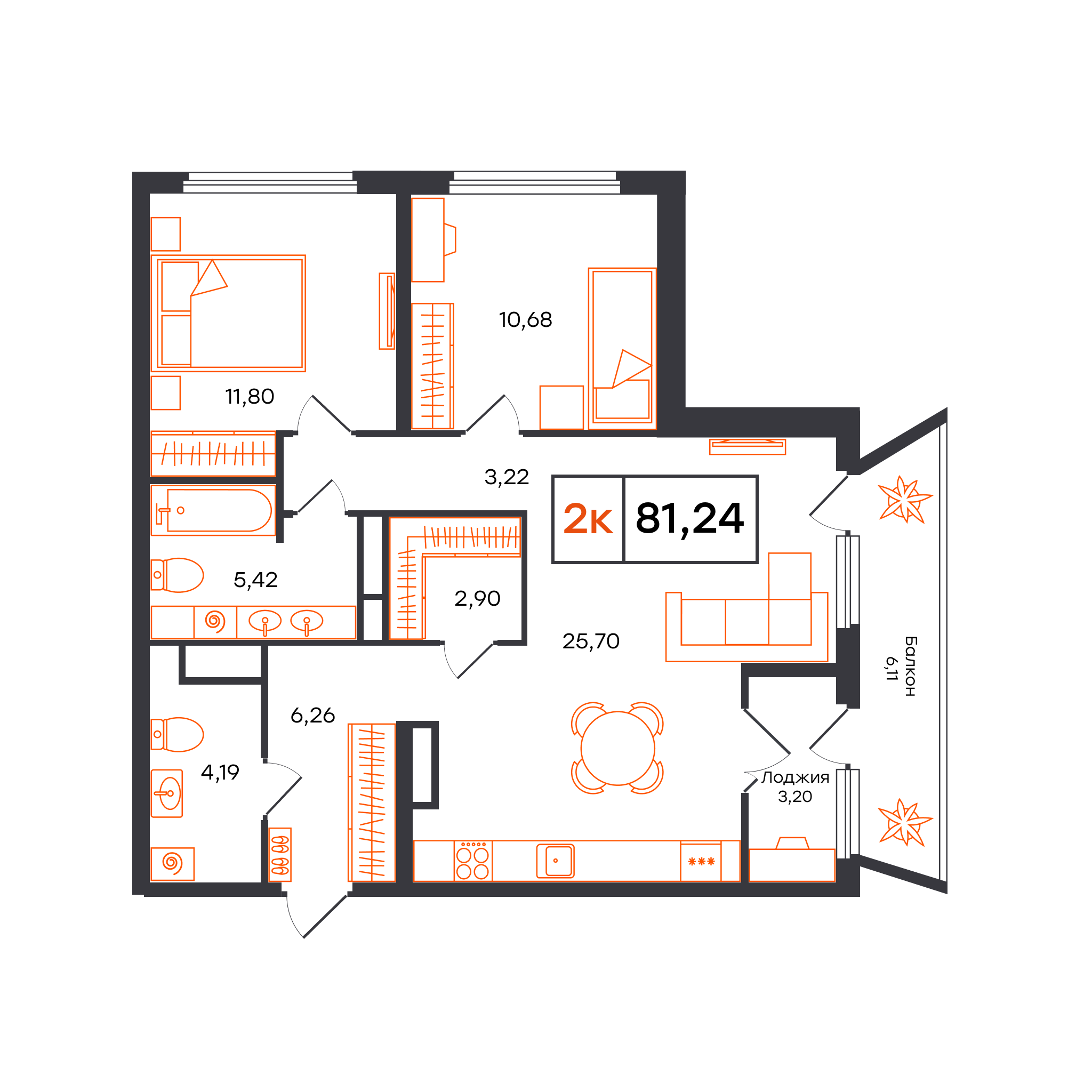 Планировка: Евротрешка 81.2 м² в ЖК Отличие, Комарово Парк