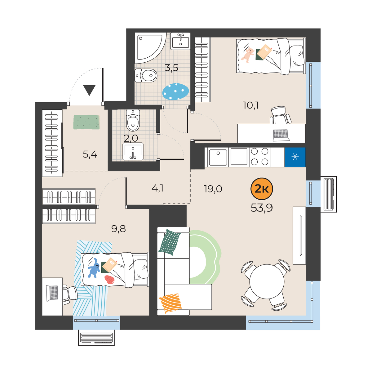 Планировка: Евротрешка 53.9 м² в ЖК Корней, Южный