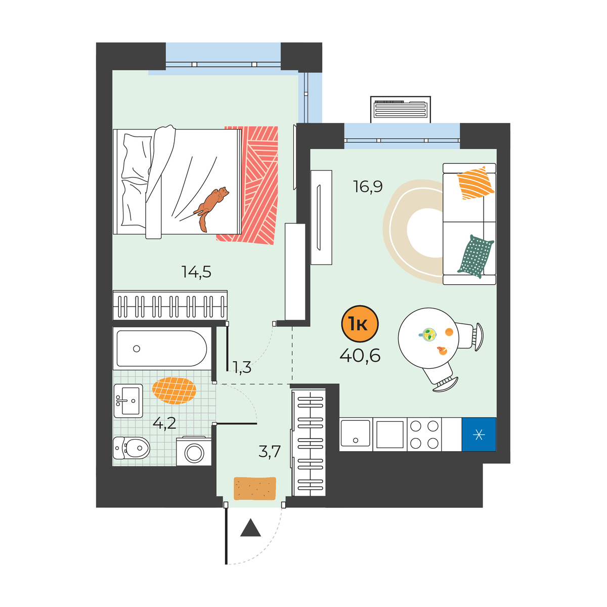Планировка: Евродвушка 40.6 м² в ЖК Корней, Южный