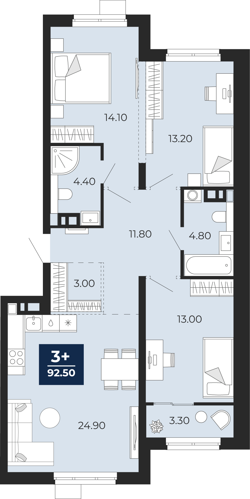 Планировка: 4-комнатная евро 89.2 м² в ЖК Айвазовский, 5-й Заречный