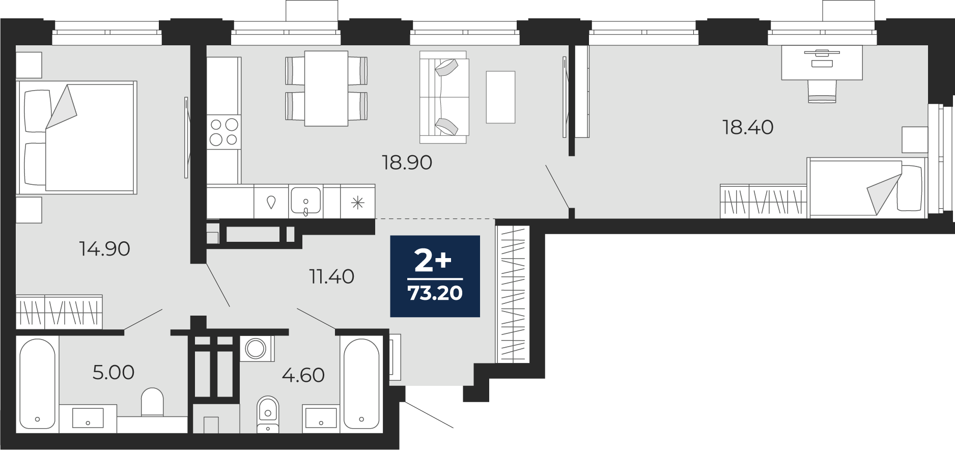 Планировка: Евротрешка 73.2 м² в ЖК Айвазовский, 5-й Заречный
