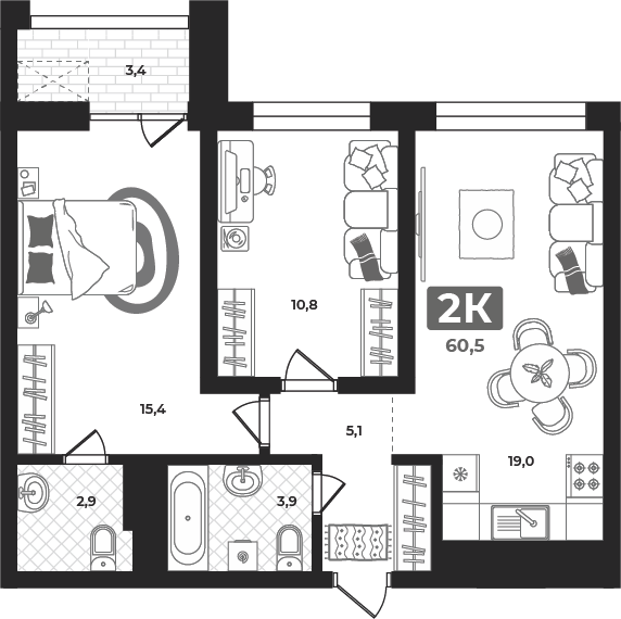 Планировка: Евротрешка 60.5 м² в ЖК Маэстро, 5-й Заречный