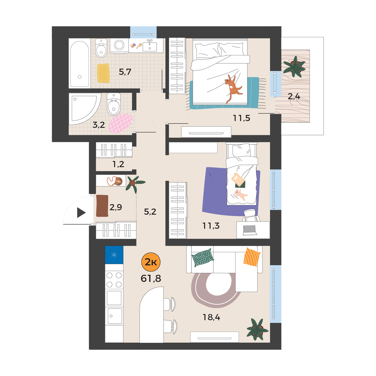 Планировка: Евротрешка 60.1 м² в ЖК Корней, Южный