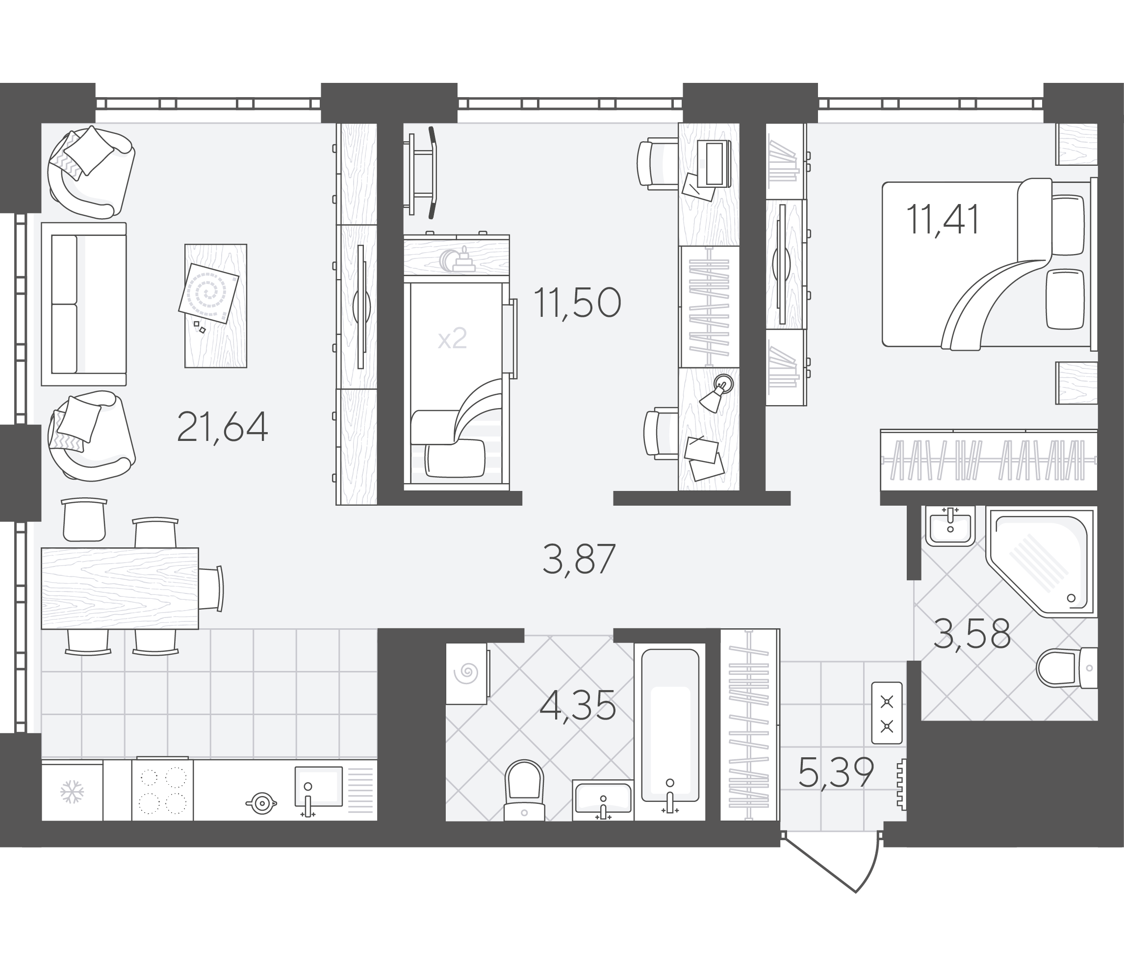 Планировка: Евротрешка 61.7 м² в ЖК Скандиа. Квартал в Слободе, Тюменская слобода