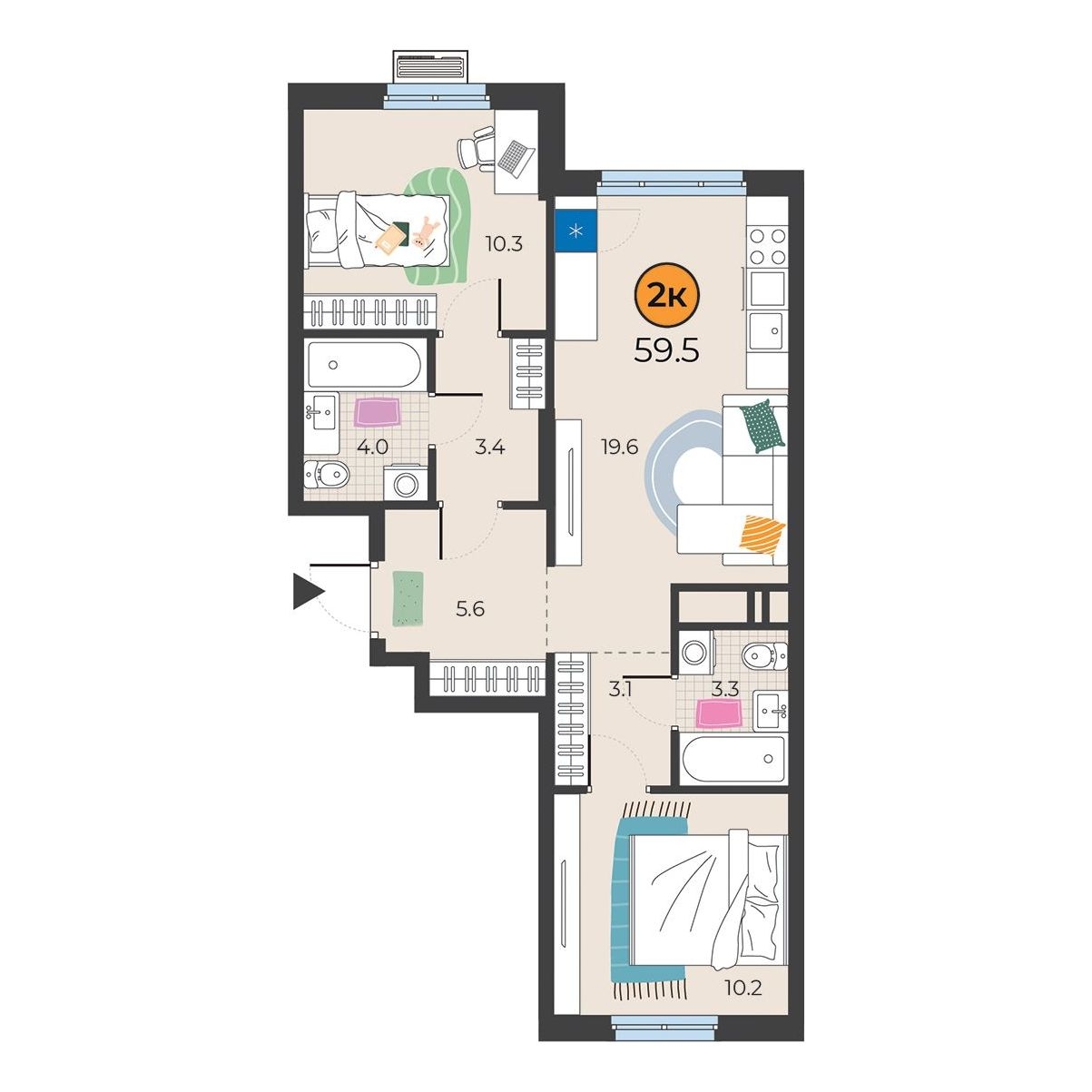 Планировка: Евротрешка 59.5 м² в ЖК Корней, Южный
