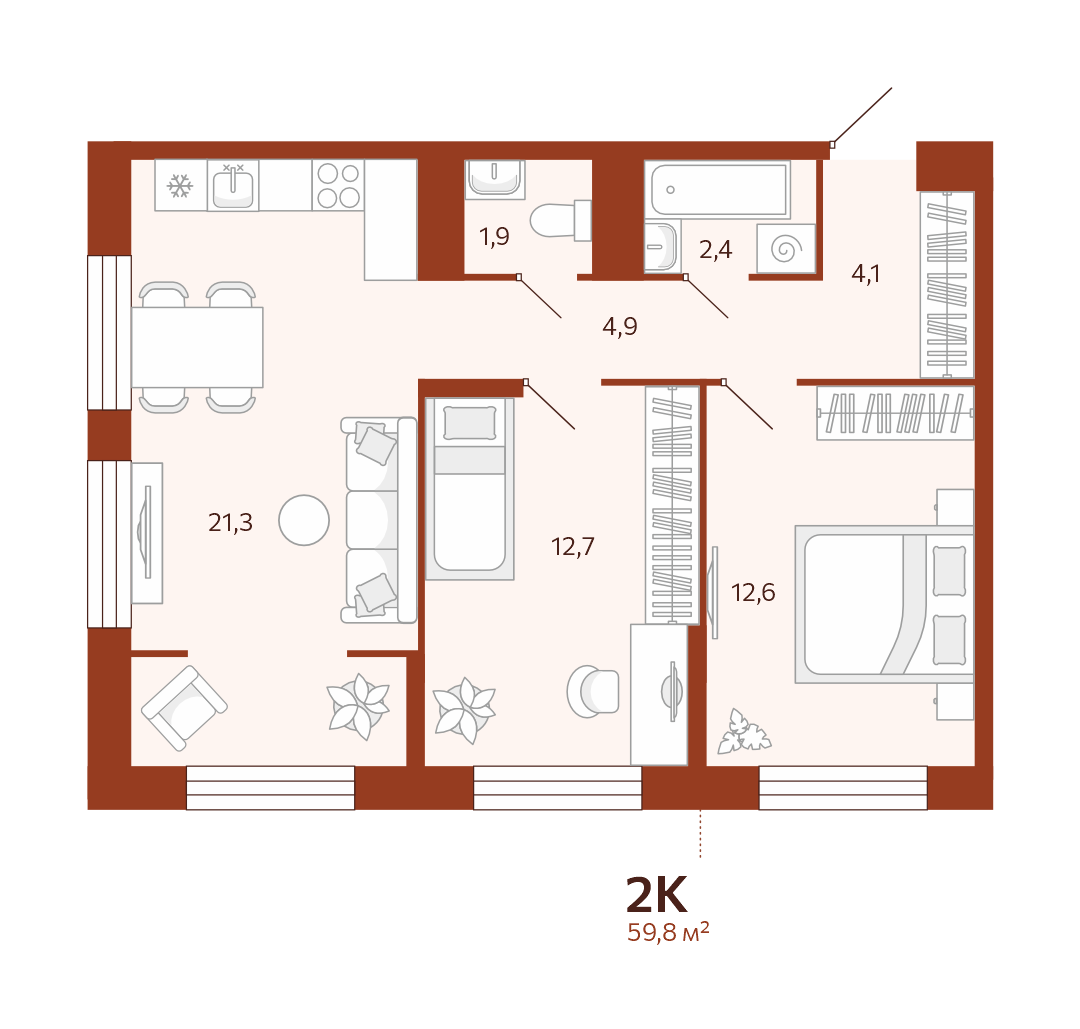 Планировка: Евротрешка 59.8 м² в ЖК Новатор, Центр: КПД