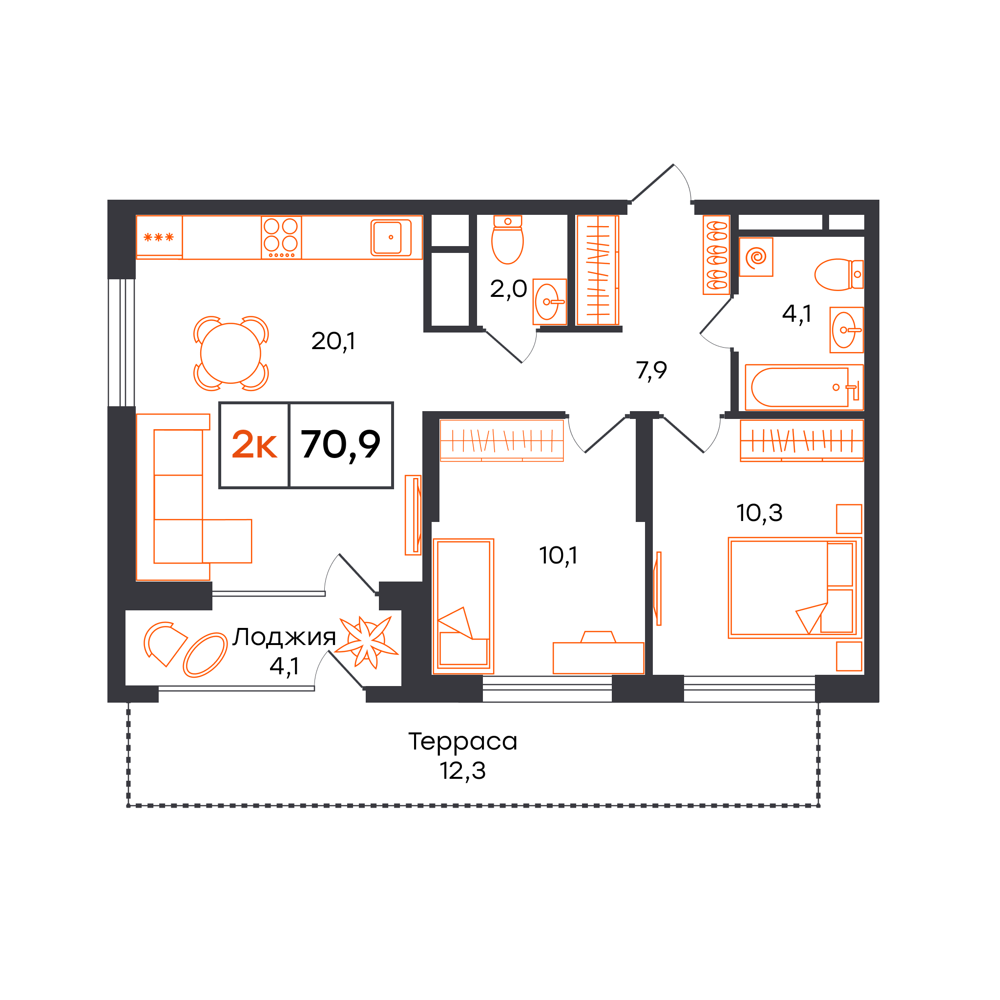 Планировка: Евротрешка 70.9 м² в ЖК Чемпионский, Чемпионский