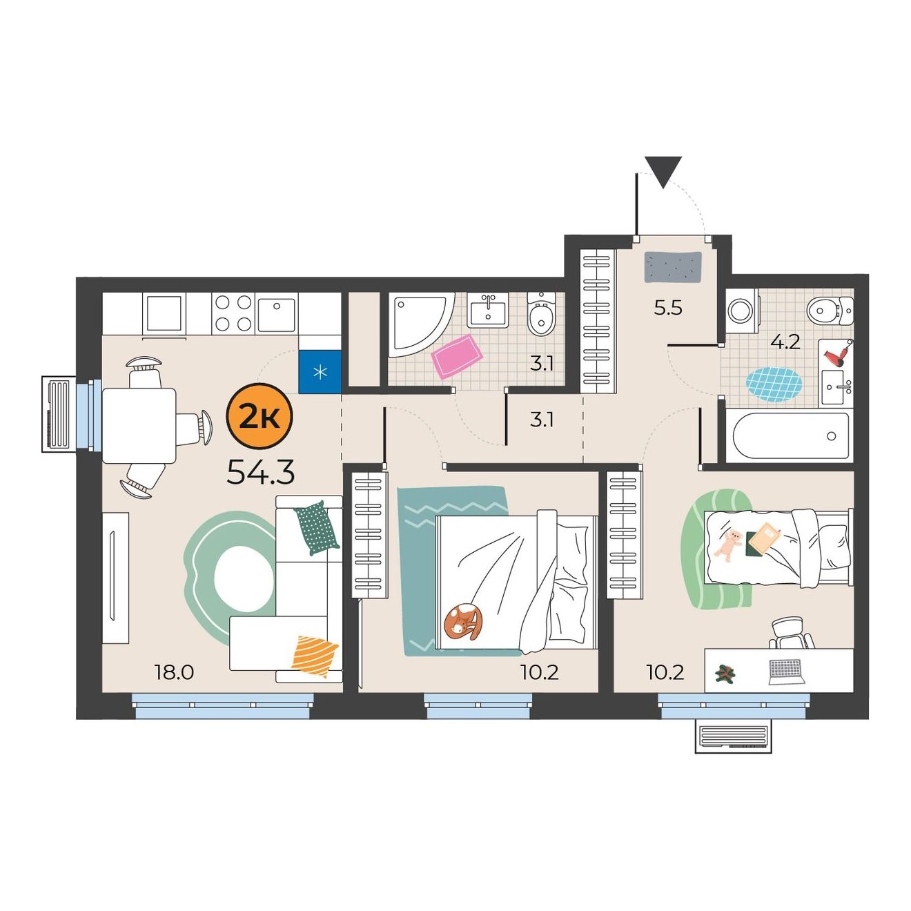 Планировка: Евротрешка 54.3 м² в ЖК Корней, Южный