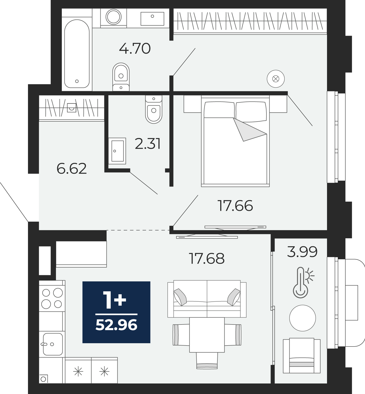 Планировка: Евродвушка 53 м² в ЖК Айвазовский, 5-й Заречный