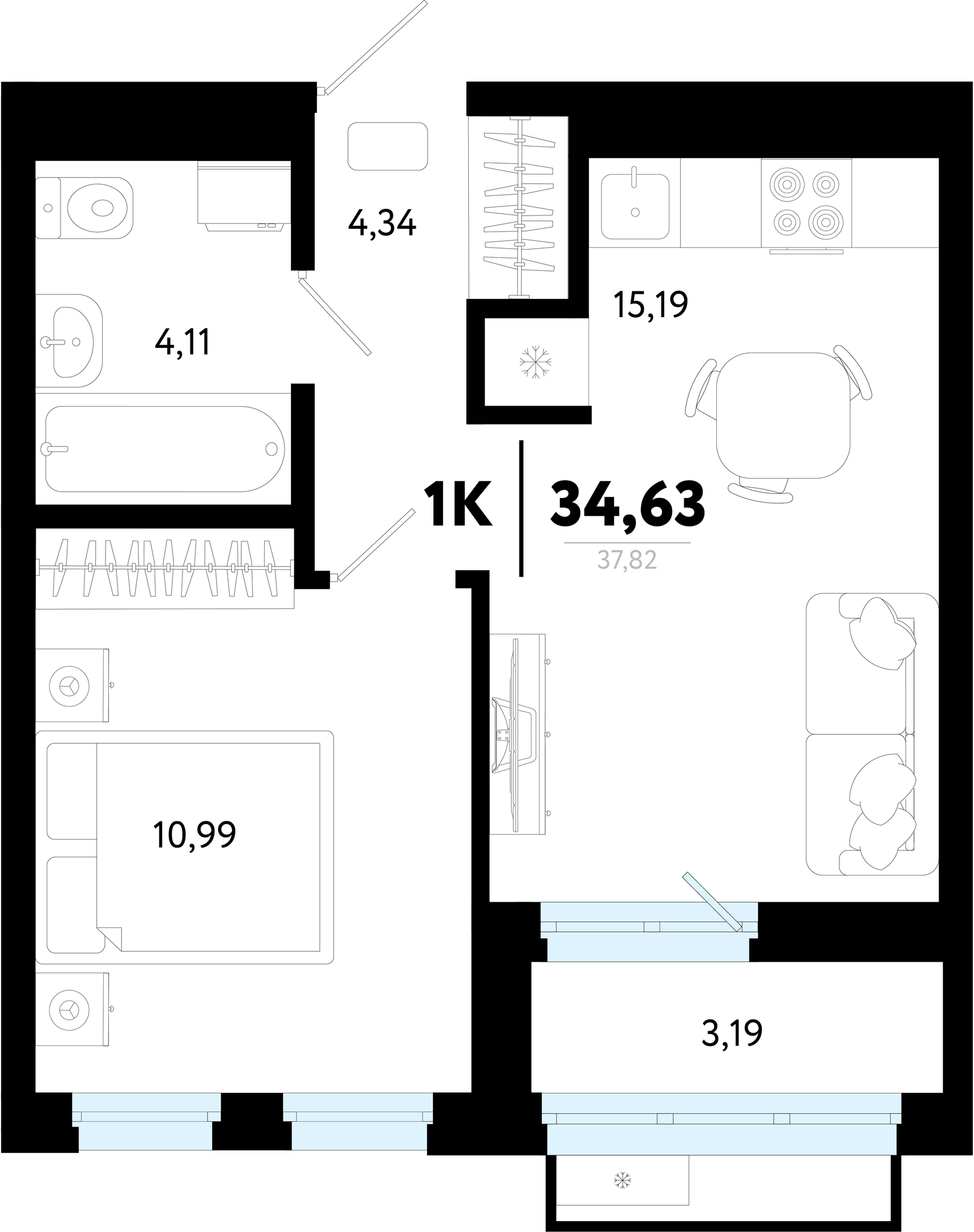 Планировка: Евродвушка 34.6 м² в ЖК Символ, Комарово Парк