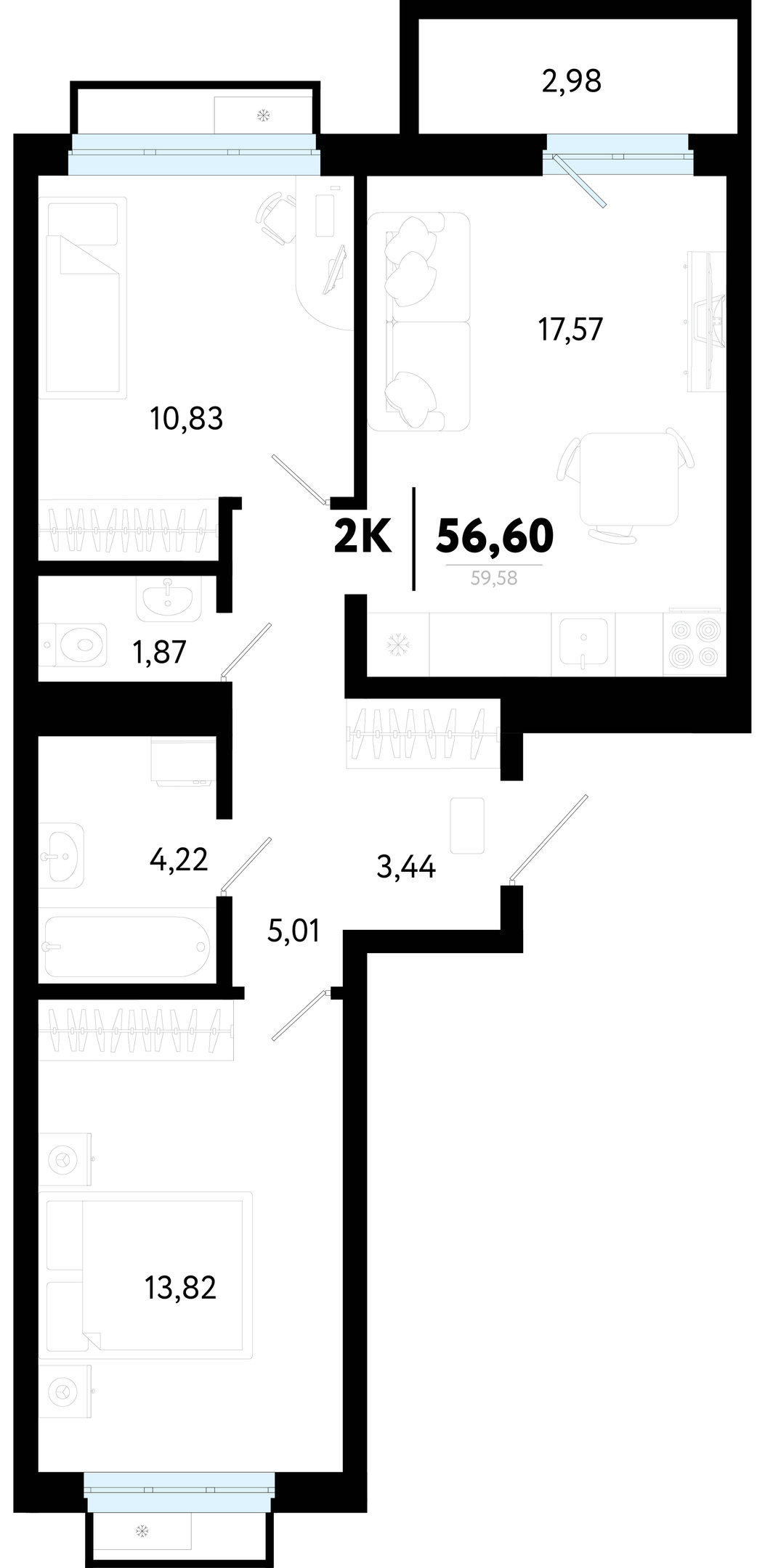 Планировка: Евротрешка 56.6 м² в ЖК Символ, Комарово Парк