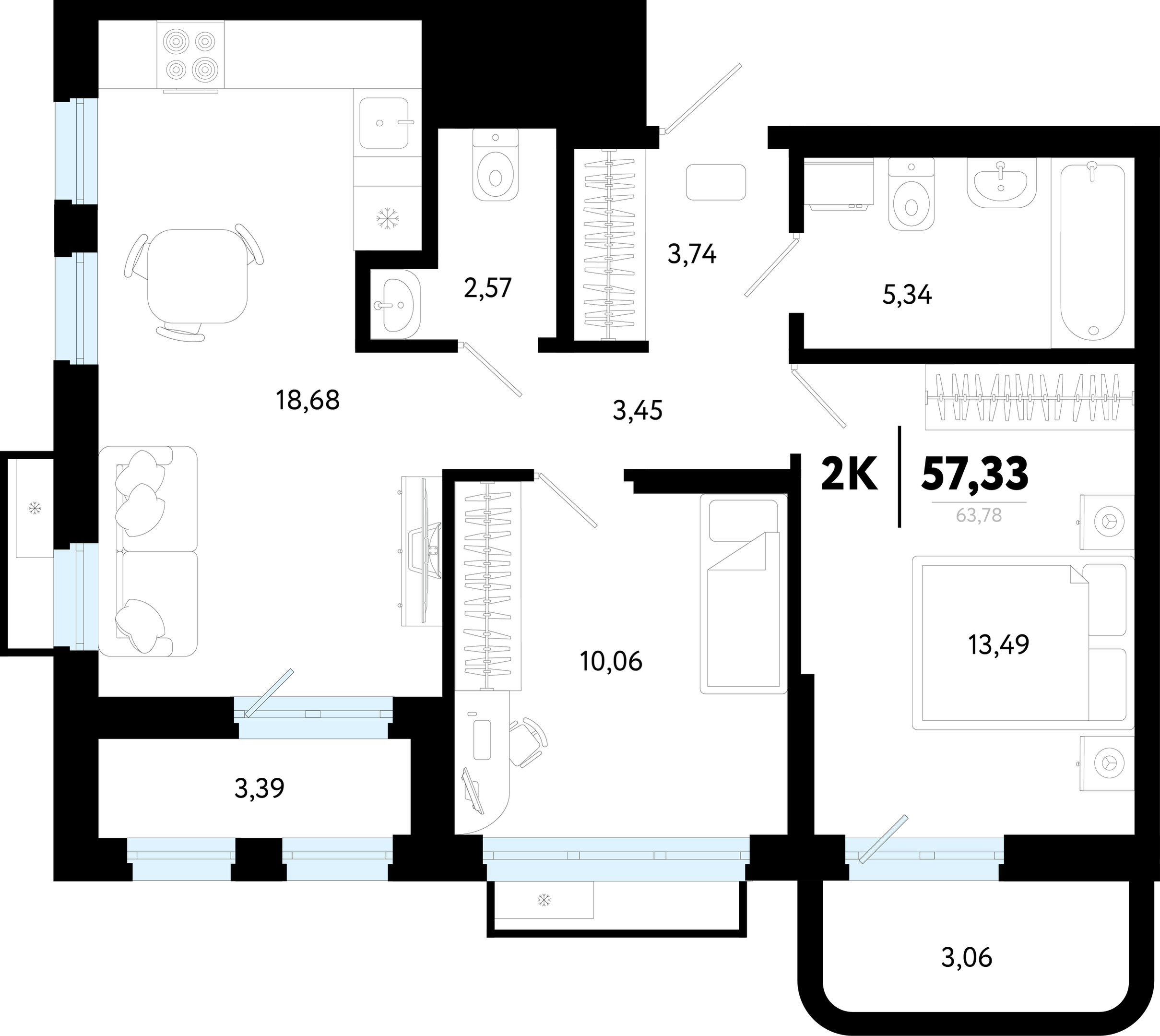 Планировка: Евротрешка 57.3 м² в ЖК Символ, Комарово Парк