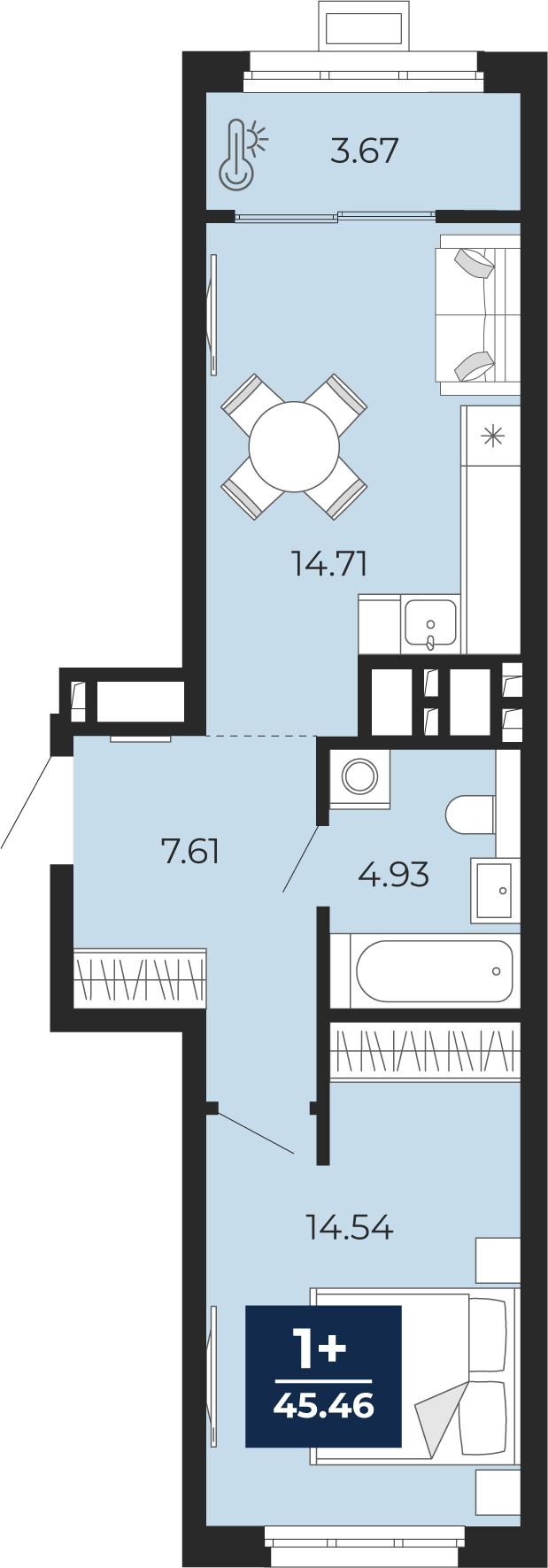 Планировка: Евродвушка 45.5 м² в ЖК Беринг, Лесобаза