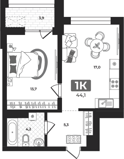 Планировка: Евродвушка 44.1 м² в ЖК Маэстро, 5-й Заречный