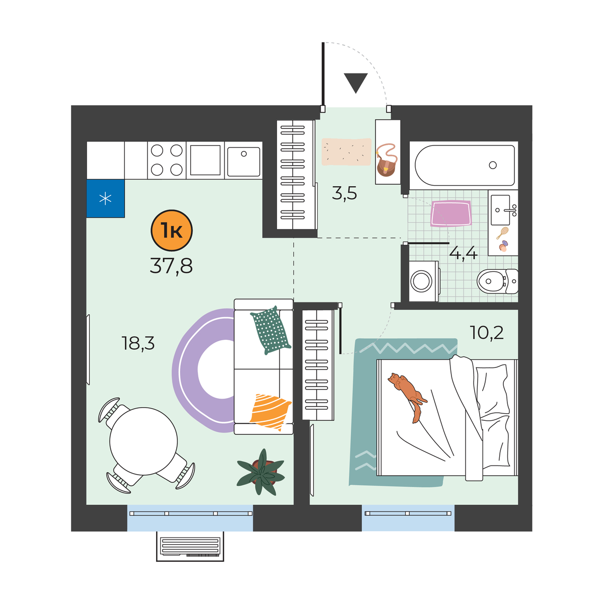 Планировка: Евродвушка 37.8 м² в ЖК Корней, Южный
